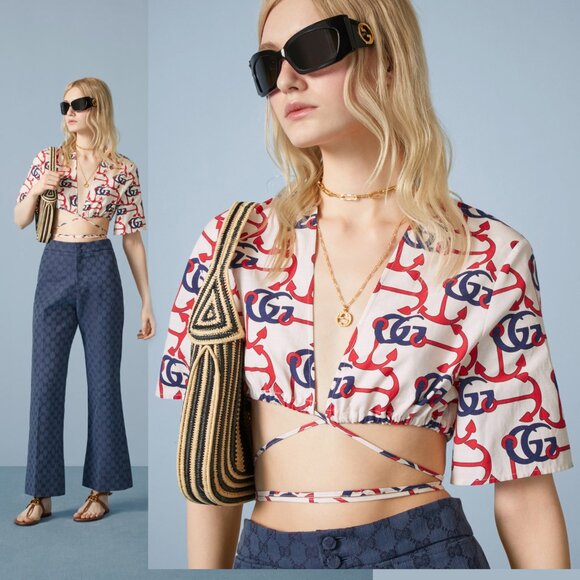 GUCCI TOP DOUBLE G LOGO ANCHOR PRINT IVORY RED BLUE COTTON SHORT SLEEVE 46 10 US - Picture 1 of 15